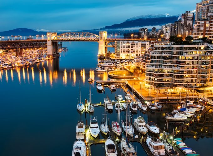 Wallpaper Vancouver, Granville, Island, Canada, night, Morning, lights, boats, blue, water, sea, travel, Architecture 5430410332